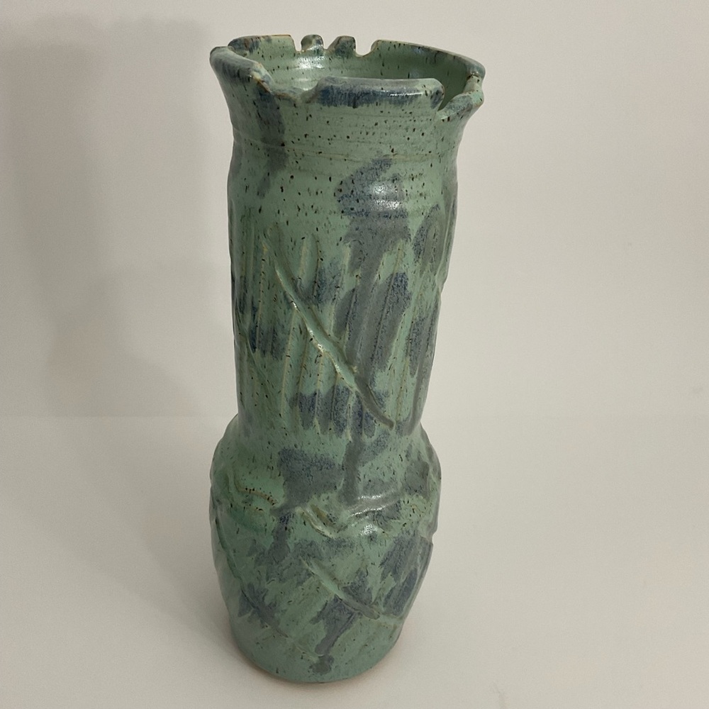 Handmade Ceramics Pottery Green Gray Tall Heavy Vase signed not Sheila